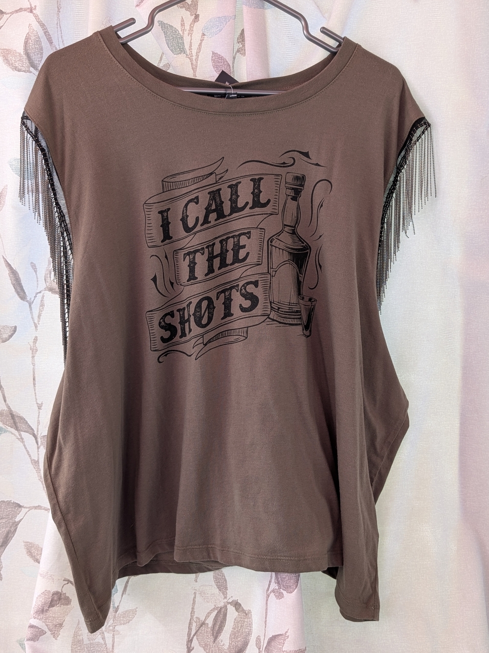 Warehouse Brown Graphic Tee with Fringe Sleeve Detail
